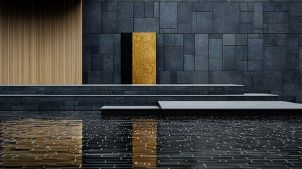 Abstract Stage Design with Gold Accents Black Walls and Reflective Floor with Curtain