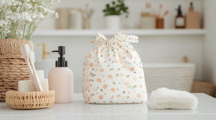 Toilet bag with bathroom supplies displayed on a white surface. 