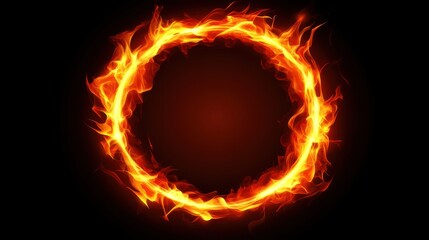 Fiery Circle Frame with Bright Flames on Black Background Illustration