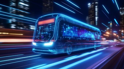 Fototapeta premium Futuristic Electric Bus Moving Through Urban Environment with Neon Lights and Digital Elements at Night