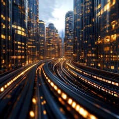 Fototapeta premium Modern Cityscape with Buildings and Glowing Lights at Dusk, Dynamic View of Motion Paths