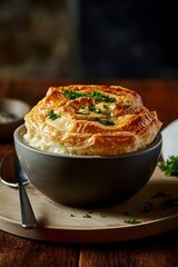 Creamy Chicken Pot Pie With Puff Pastry Crust In A Gray Bowl  Food Photography   Recipe Inspiration   Kitchen Styling Ideas   Seasonal Ingredients   Rustic Comfort Food   Homemade Meal   Culinary