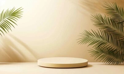 Obraz premium Modern minimalist display with round podium, soft lighting, and green palm leaves against a beige background, perfect for product photography or showcase