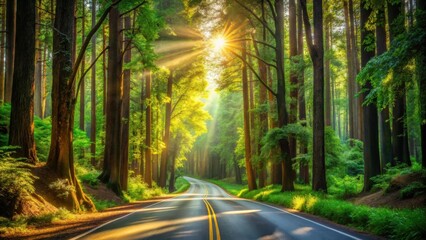 Obraz premium Sunlit Pathway Through a Lush Forest Canopy, Winding Road Ahead