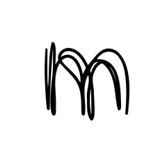 Handwritten letter m of latin english language. Black font symbol in hand drawn doodle style. Vector illustration isolated on white background. For presentation, logo, branding, font, education.