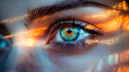 Captivating close-up of an eye showcasing reflections during golden hour light in an artistic manner