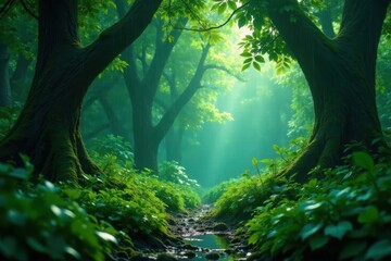 Fototapeta premium Rain-soaked emerald canopy, vibrant undergrowth, shadows, Asian rainforest, wet