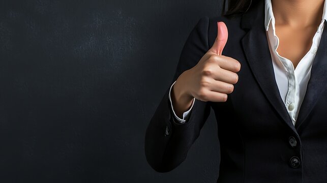 Businesswoman Giving Thumbs Up Gesture on Dark Background, Successful Team Member Showing Approval