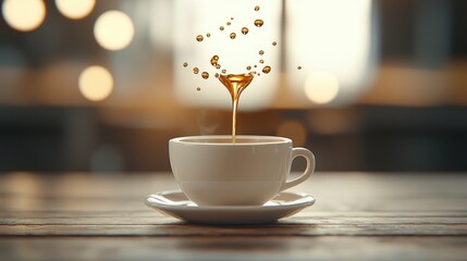 Obraz premium Coffee Splash Pixel Art of Brown Liquid Pouring into White Cup on Wooden Table