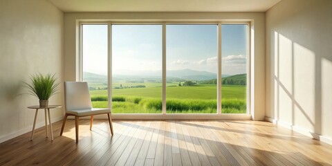 Fototapeta premium Serene Minimalist Room with Expansive Window View of Lush Green Fields and Distant Mountains Under a Sunny Sky