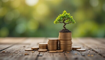 Bonsai Tree Growing from Coins Symbolizing Financial Growth