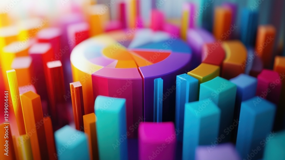 Poster vibrant abstract asset allocation, a dynamic blend of colorful pie charts and graphs illustrating st