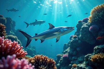 Fototapeta premium Silver barracuda school over vibrant coral reef, stock photo, shoal