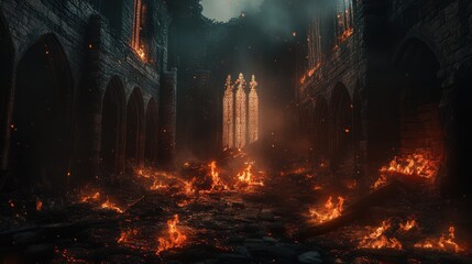 Burning ruins of ancient abbey, dark figures, fiery destruction