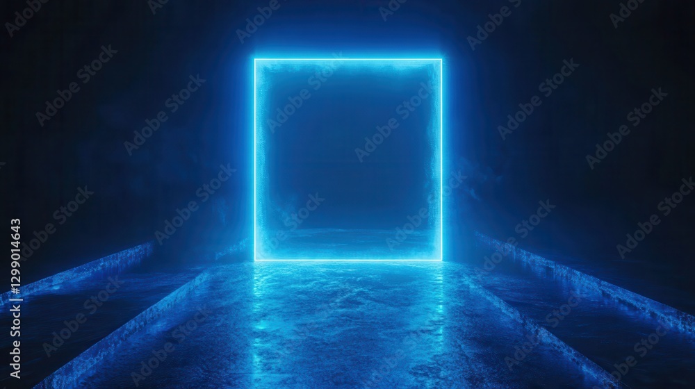Poster an abstract image of a glowing blue rectangle with light rays emanating from its perimeter against a