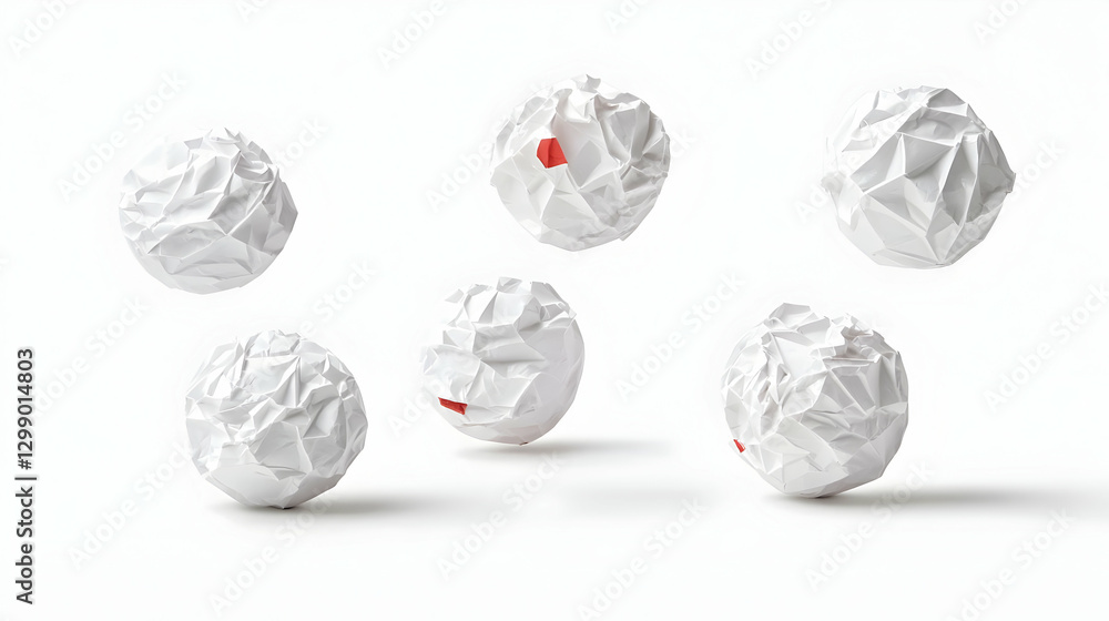 Poster six crumpled white paper balls on a white background with subtle shadows showing shape and texture
