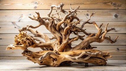Intricate Dried Wood Piece A Natural Sculpture of Twisted Branches and Knotted Roots, Displayed Against a Rustic Wooden Background