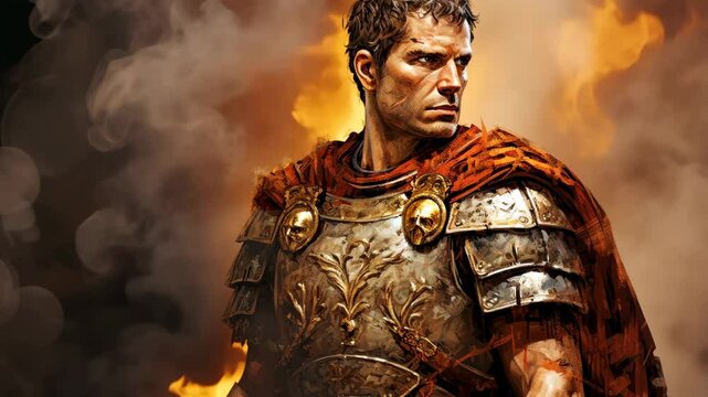 Roman Emperor who converted from paganism to Christianity with a background with fire and smoke effects 4K