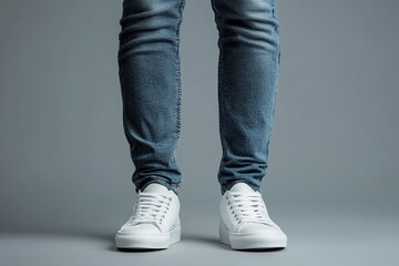 Close-up of a young man's legs in jeans and white sneakers on a gray background, minimalist style, studio shot, high-resolution photography, stock photo, professional color grading, award-winning.
