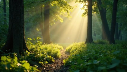 Obraz premium Sunlight dapples forest floor, mist hangs low, dew on leaves, mist, sunrise