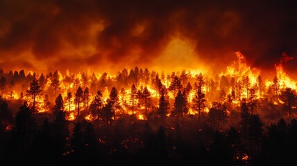 Intense wildfires engulf forest during a dry summer evening in a remote location