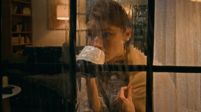 Medium shot of happy Caucasian girl with warm shawl around shoulders switching on lamp, looking out of window at thunderstorm and rain outside, then drinking coffee and smiling