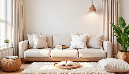 Cozy reading nook with plush cushions and warm light, serene ambiance