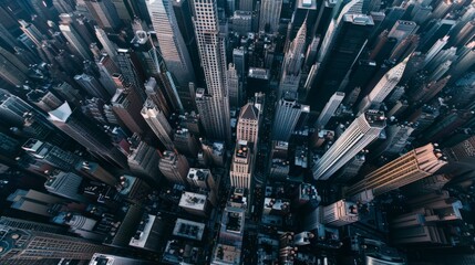 Aerial view of a bustling cityscape with skyscrapers with