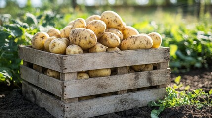 Freshly harvested potatoes collected in wooden crate in bright daylight at a thriving farm setting