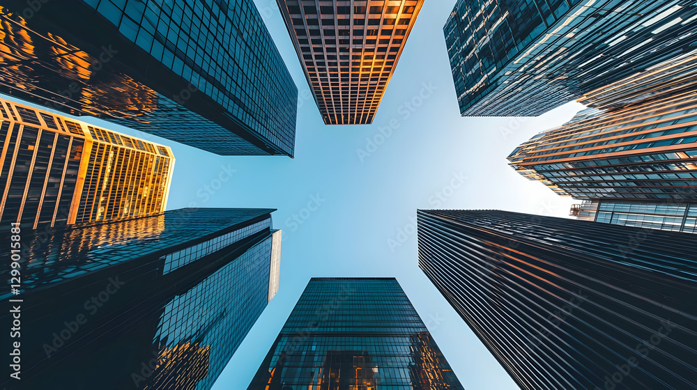 Aufkleber low angle view of tall buildings reaching towards blue sky creating abstract pattern in urban settin