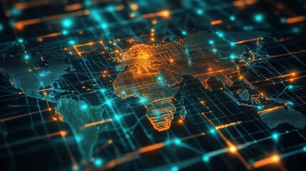 A digital representation of a glowing neural network overlaying a world map illustrating artificial intelligence and technological advancements