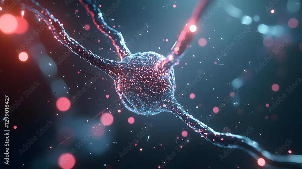 Poster abstract neuron structure with red and blue lights illustrating brain activity