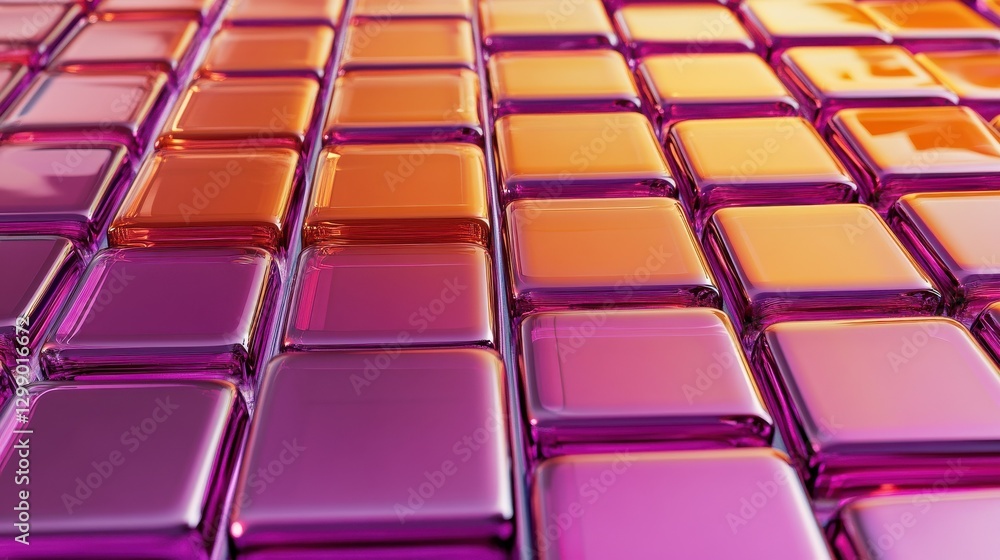 Poster neatly aligned glossy cubes. violet and orange, futuristic tech background. 3d render.