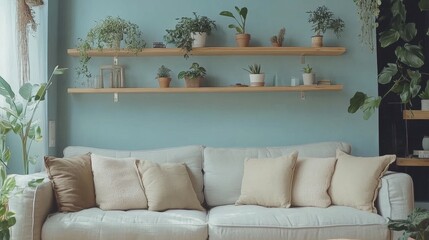 Cozy Living Room with Plants and Soft Cushions Against Blue Wall
