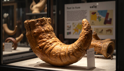 Rosh Hashanah Shofar ram's horn displayed in museum cabinet, religious symbolism
