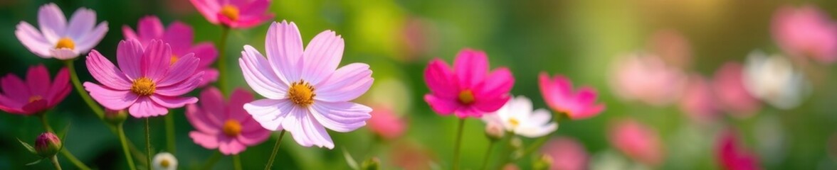 Fototapeta premium Pink and white cosmos flowers in a lush garden setting , bloom, close-up, image