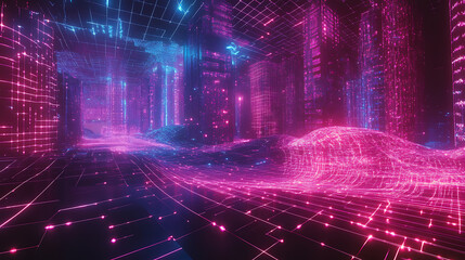 Neon Cityscape Futuristic Digital Art with Pink and Blue Grids