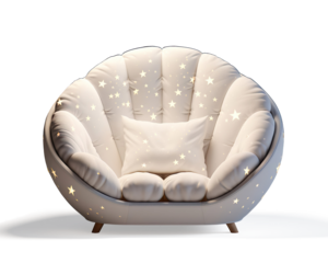 Cozy moon-shaped seating with soft cushions and twinkling lights on a transparent background
