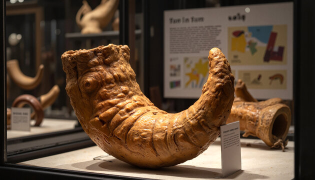 Rosh Hashanah Shofar ram's horn displayed in museum cabinet, religious symbolism