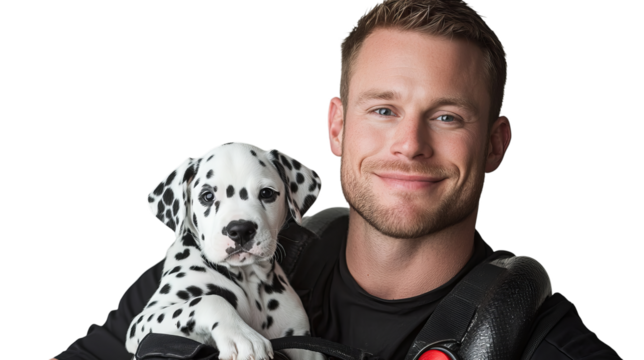 Png of Smiling Firefighter Holding Adorable Dalmatian Puppy on transparent background.
