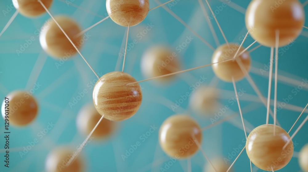 Poster abstract network structure with interconnected wooden spheres and strings on blue background, repres