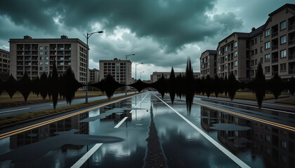 Eerie abandoned cityscape with glitching soundwave, cyberpunk atmosphere