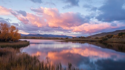 Serene autumnal sunset reflecting on placid lake