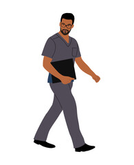 Medical worker, doctor, surgeon, cardiologist, paramedic walking, holding medical documents. Handsome man wearing uniform scrub. Vector realistic illustration isolated