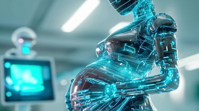 A futuristic depiction of a robotic surrogate demonstrating pregnancy, showcasing advanced bioengineering technology.