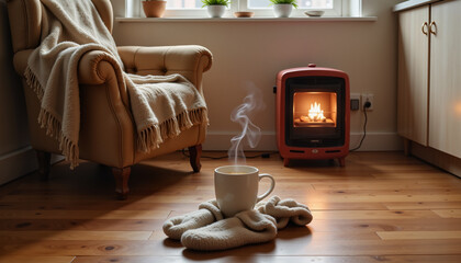 Cozy kitchen scene with warm tea and soft blanket, winter comfort