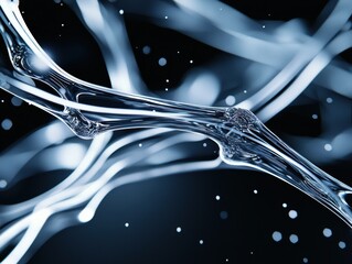 Evolving biomechanical structures twisting in fluid motion, merging with glowing cybernetic interfaces in an abstract sci-fi vision