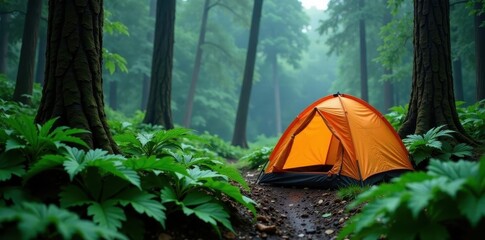 Small tent nestled amongst giant ferns, gentle rain falling, outdoor, escape, fern