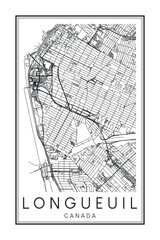 Obraz premium Printable downtown road map poster of the Canadian city of LONGUEUIL on solid white background with city name