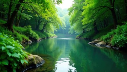 Obraz premium Lush greenery surrounds the river's gentle flow, lush, river